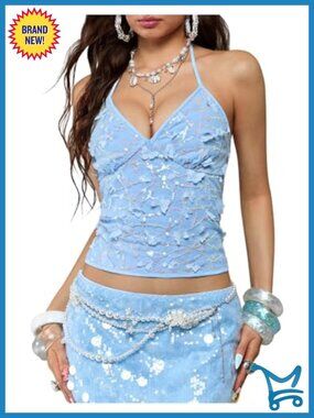 Sequin Halter Crop Top Tie Back Sleeveless Y2K Cami Sparkly